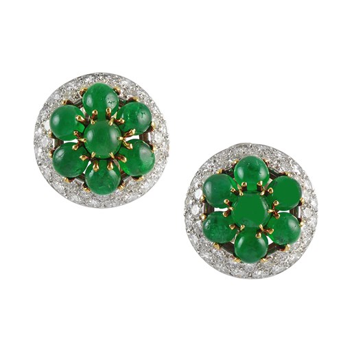 Pair of mid-20th century emerald and diamond dome cluster earrings by Cartier, Paris c.1960,